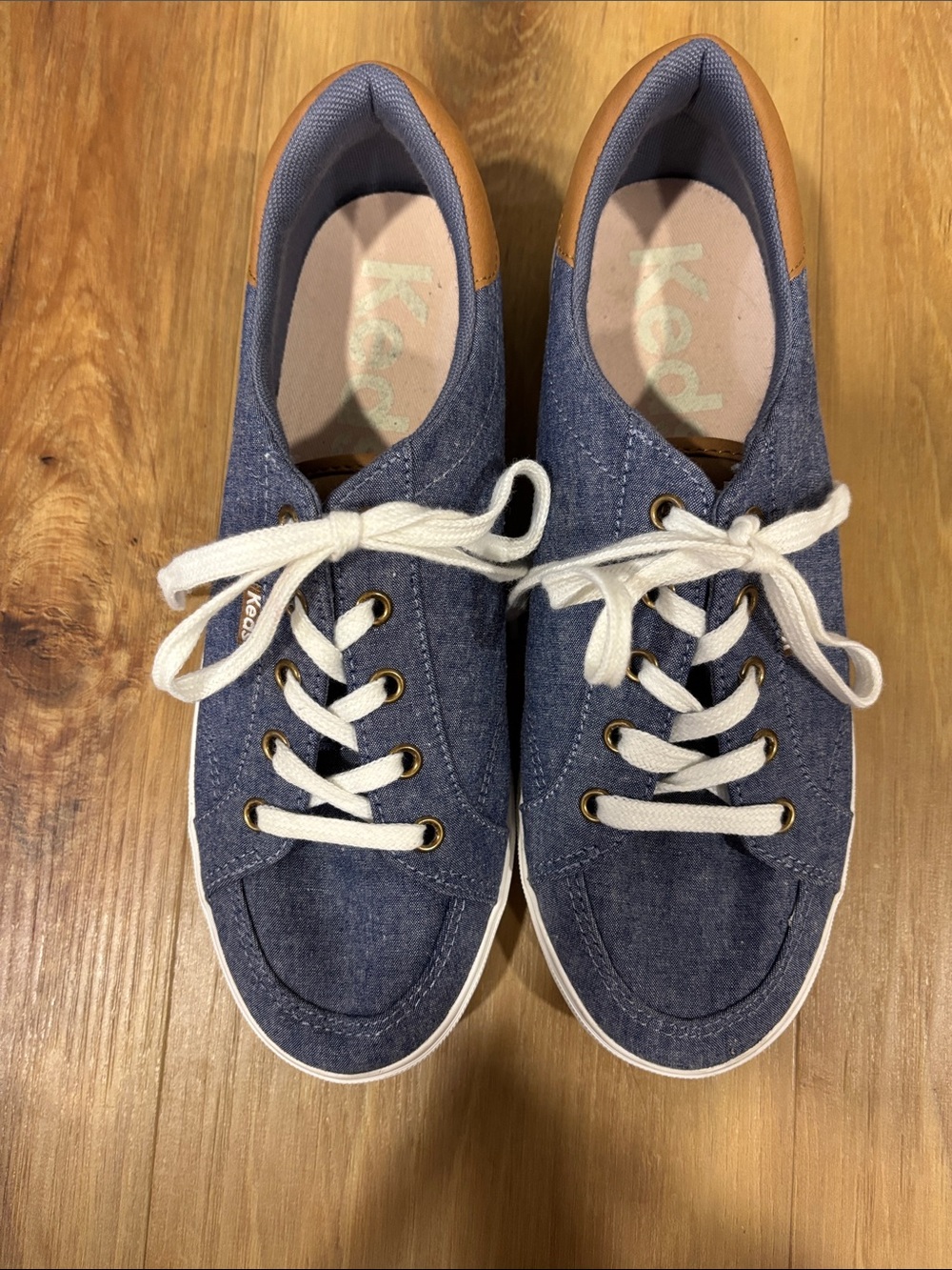 Keds Denim-Style Lace-Up Sneakers in Blue with Tan Heel
